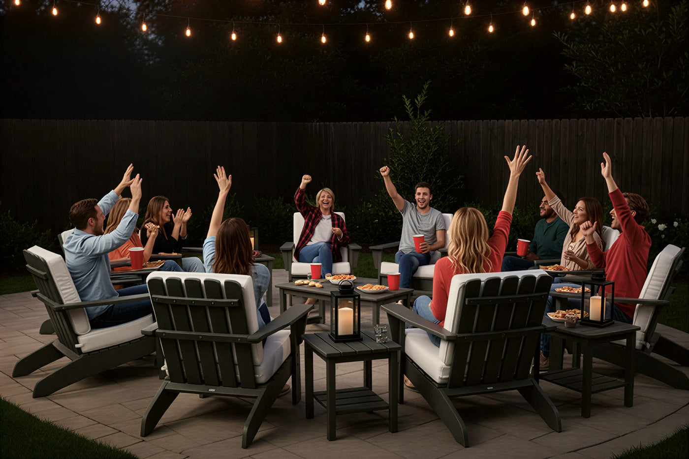 Backyard Super Bowl game night with friends enjoying NFL action from a comfortable outdoor patio and Adirondack chairs.