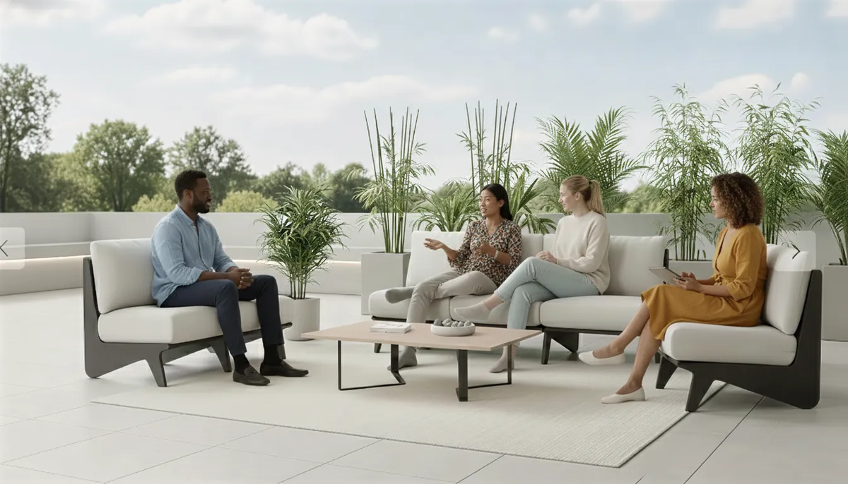 Contemporary minimalist patio showcasing sleek furniture frames and a relaxed, airy atmosphere.