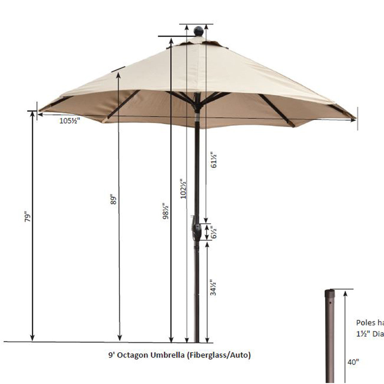 Berlin Gardens 9' Umbrella Fiberglass / Auto - UFAUT09 8