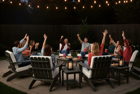 Backyard Super Bowl game night with friends enjoying NFL action from a comfortable outdoor patio and Adirondack chairs.