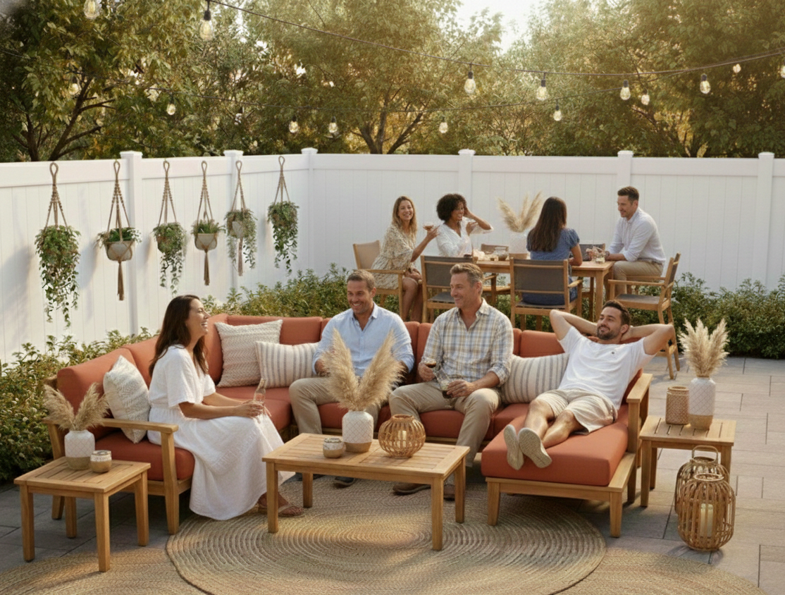 Boho outdoor living banner featuring woven seating, layered neutral textiles, soft ambient lighting, and natural greenery creating a relaxed, free-spirited patio atmosphere.