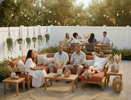 Boho outdoor living banner featuring woven seating, layered neutral textiles, soft ambient lighting, and natural greenery creating a relaxed, free-spirited patio atmosphere.