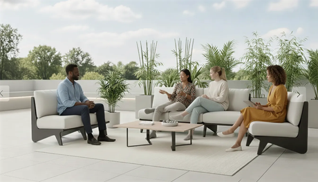 Contemporary minimalist patio showcasing sleek furniture frames and a relaxed, airy atmosphere.