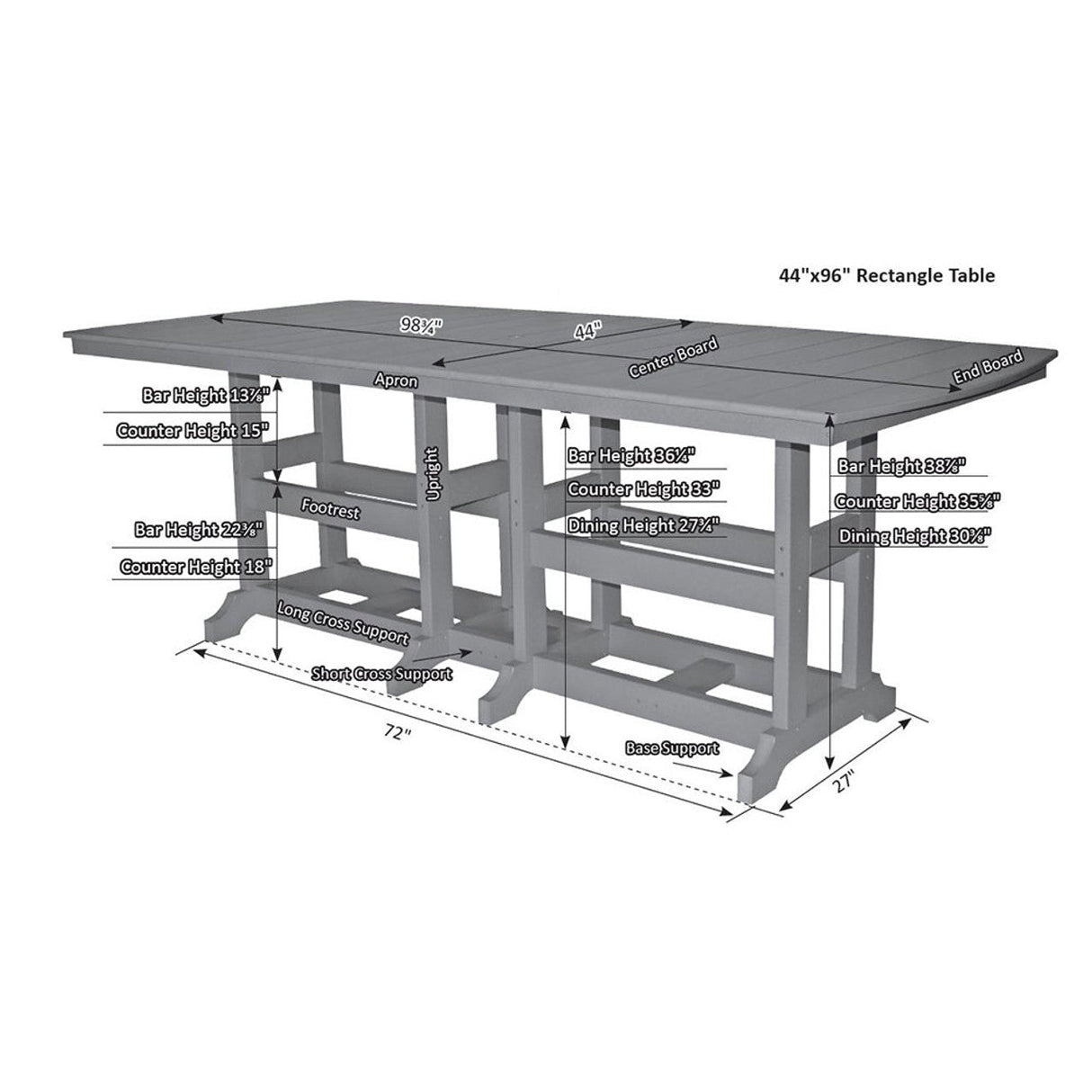 Berlin Gardens Garden Classic Standard Top 44" x 96" Rectangular Bar Table - GCOT4496B 2